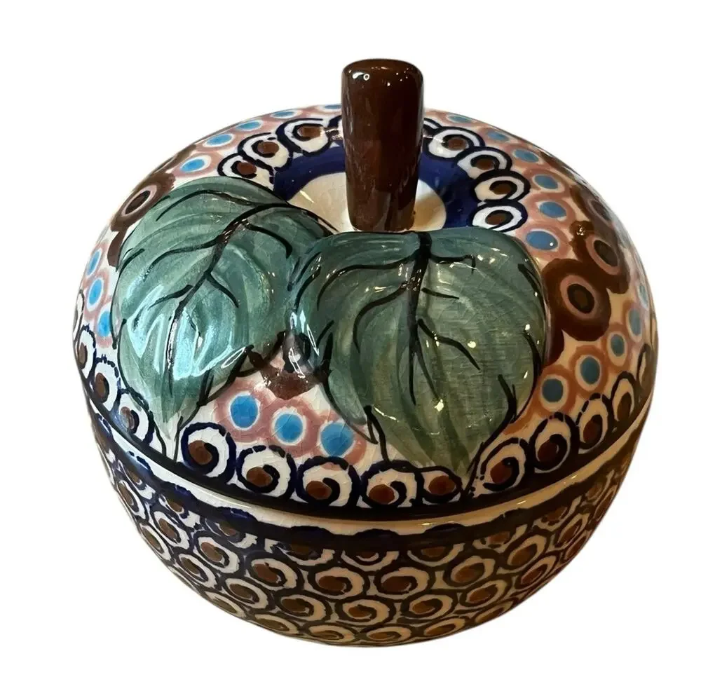 Nowogrodziec Polish Pottery Ceramic Apple Baker Dish Trinket 4.5” Wide